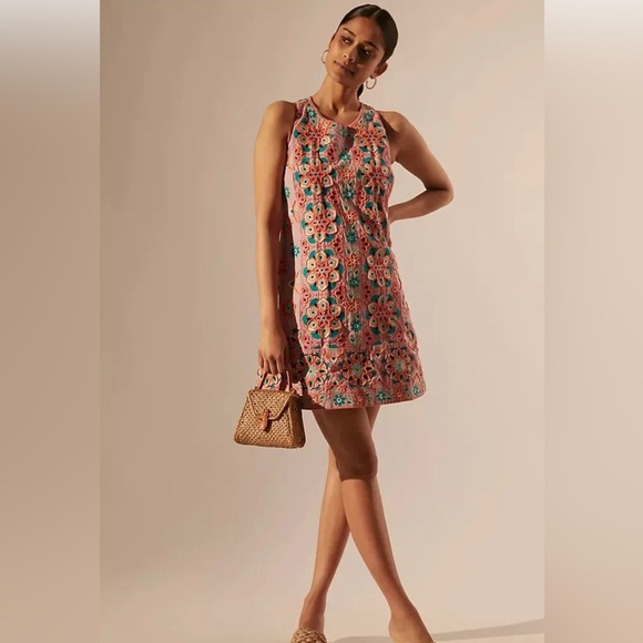 ANTHROPOLOGIE EMBROIDERY & APPLIQUED SHIFT DRESS SIZE 12 PINK ORANGE - Picture 4 of 16